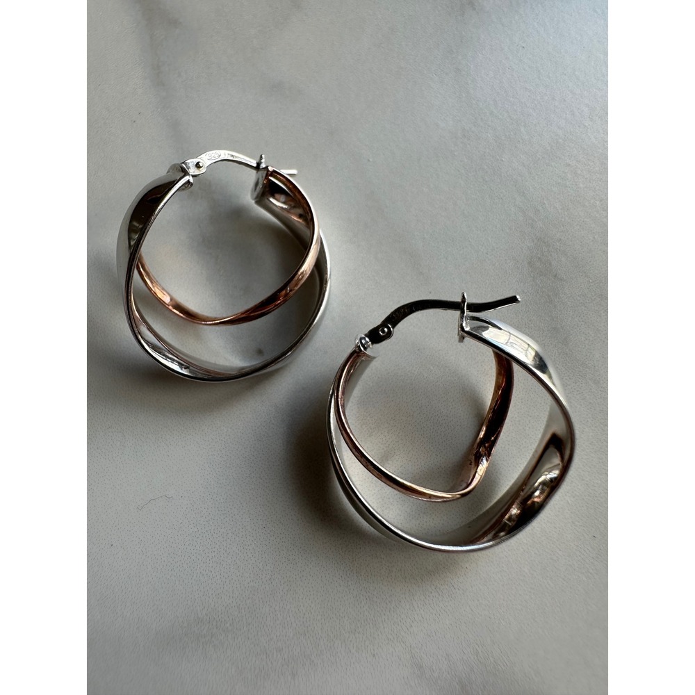 Two Tone Rose Gold Wavy Double Hoop Earrings 3.76g DKP Italy 925 Sterling Silver